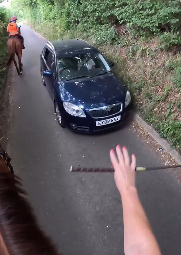 Worried about her own horse reacting badly as well, Laura held out her crop to stop the driver in his tracks and shouted: 'F****ing hell! Wait, wait, wait! It's a green lane, please go slower'