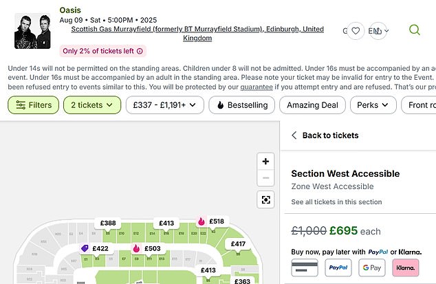 Tickets for the accessible area of Oasis shows at Murrayfield are on Viagogo for £695 each - with others listed for even more