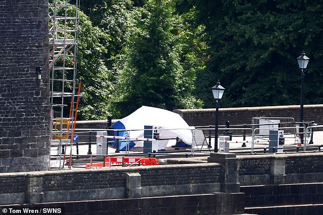 A forensic tent on the Clifton Suspension Bridge, Bristol, where human remains were discovered on July 10 last year