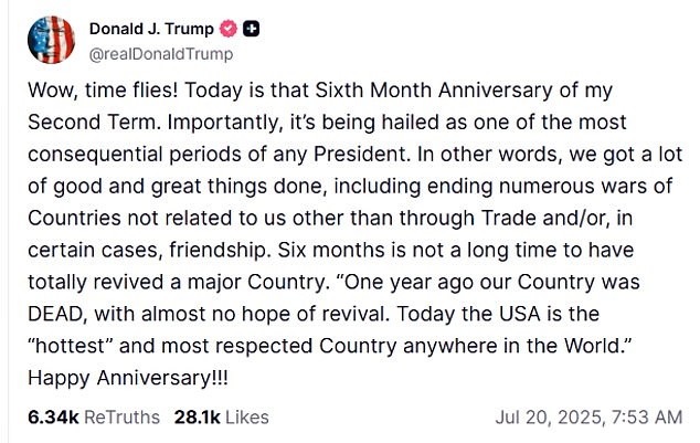 Trump celebrated his six months back in the White House on Saturday