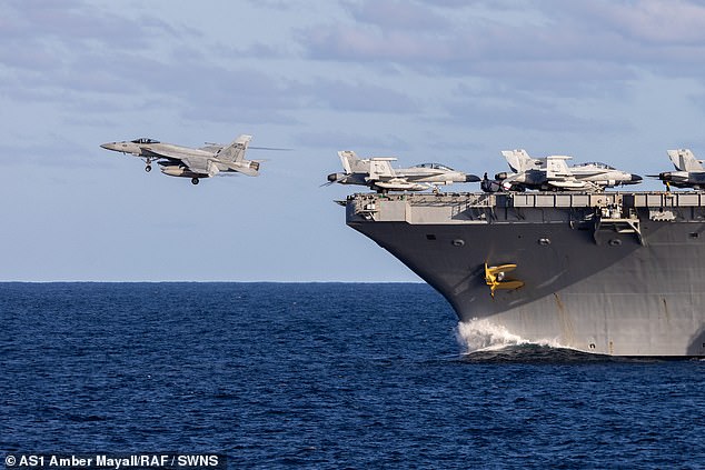 It has been undertaken as part of Operation Highmast, a 2025 mission commanded by Commodore James Blackmore and his staff from aboard HMS Prince of Wales occurring between now and December. Pictured: a US F/18 launches from USS George Washington