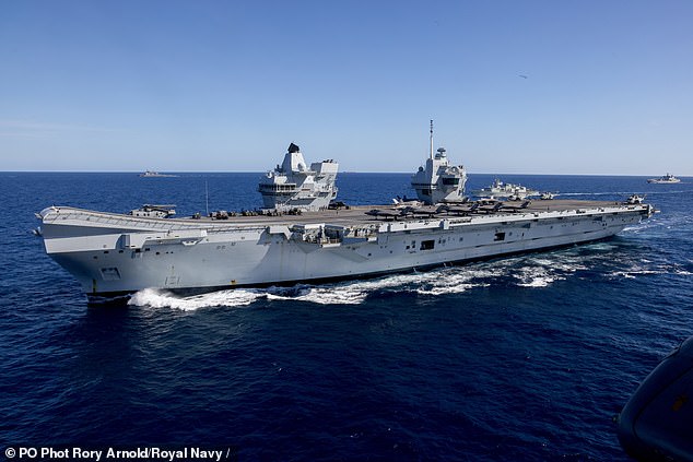Pictured: HMS Prince of Wales. Between now and December, the mighty fleet will conduct a series of drills and operations with air, sea and land forces of a dozen allies in the Mediterranean, Middle East, South-east Asia, Japan and Australia