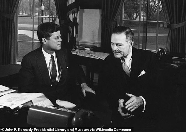 The family is one of the richest in Boston, with a fortune worth at least $15.4 billion today, and was considered untouchable for decades until their dynasty was underscored by political rise of John F. Kennedy. Pictured: President JFK meets with Henry Cabot Lodge in 1961