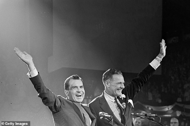 Republican presidential candidate Richard Nixon (1913 - 1994), left, and Republican Vice-Presidential candidate and former Massachusetts Senator Henry Cabot Lodge Jr, right, wave their arm and smile while acknowledging the crowd at the Republican National Convention, Chicago, Illinois, July 28, 1960