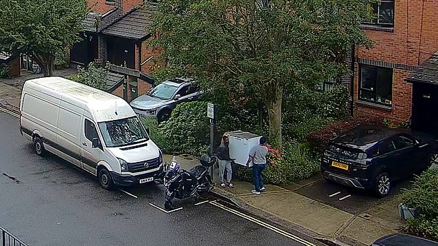 July 9: More grim footage shows Mosquera (grey tousers) being delivered a chest freezer to the Scotts Road flat at 11.57am on July 9 - the day after the murders. He put his victims' heads in here