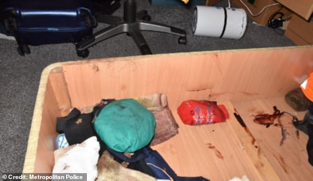 Graphic pictures show the bloodied divan bed where Mosquera hid the body of Mr Longworth