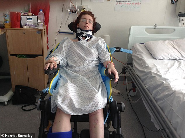 Harriet, pictured in hospital after the accident, bounced off the car three times and was in a coma for four weeks at The Queen Elizabeth Hospital in Birmingham