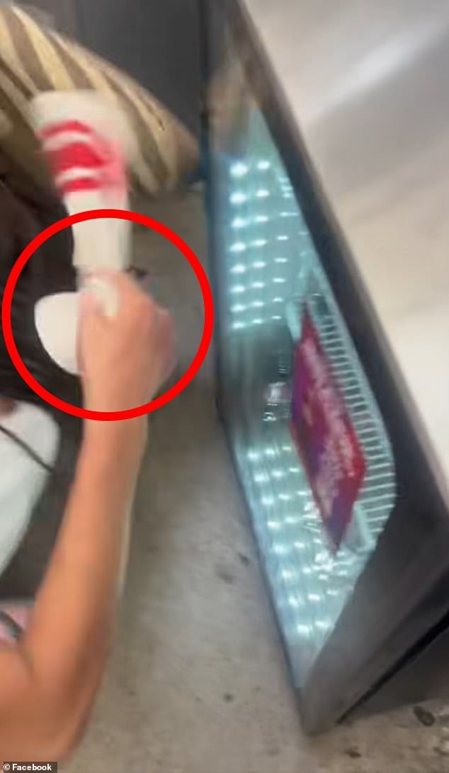 While bystanders tried to step in to stop the mayhem, Tankard was seen appearing to pull out a white and red striped tube sock (pictured) before striking the other woman in the face with it