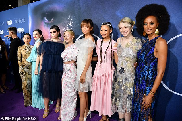 (L-R) Alexa Demie, Maude Apatow, Barbie Ferreira, Sydney Sweeney, Zendaya, Storm Reid, Hunter Schafer and Nika King attended HBO' Euphoria premiere at the Arclight Pacific Theatres' Cinerama Dome on June 4, 2019 in LA