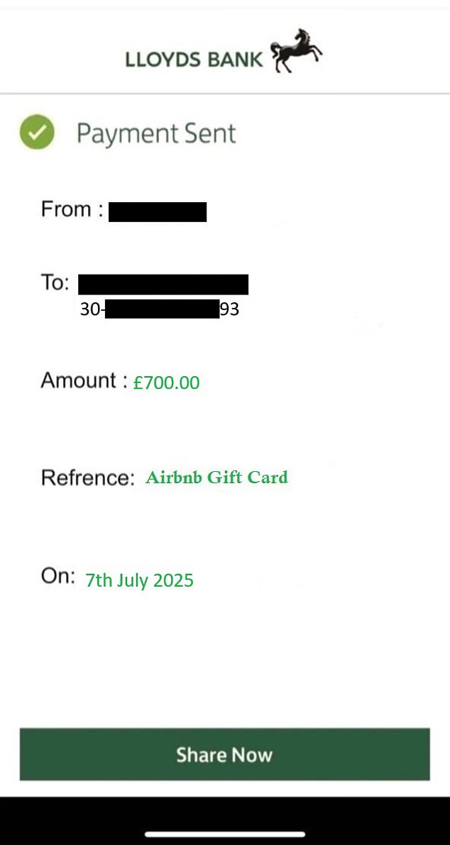 After sending the gift card, Louise received another message asking for a second round of funds - to reassure her, the scammer sent a fake screenshot of a Lloyds Bank transfer (pictured) that was supposed to show her uncle sending the money back to her