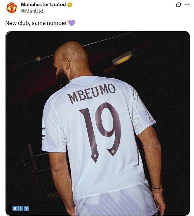 United shared news of Mbeumo's new number with a post that read: 'New club, same number'