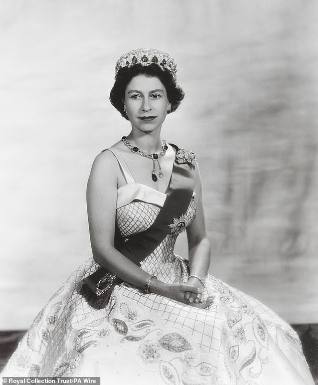 Queen Elizabeth II wearing an Evening Gown, Norman Hartnell, 1956, which is also on display