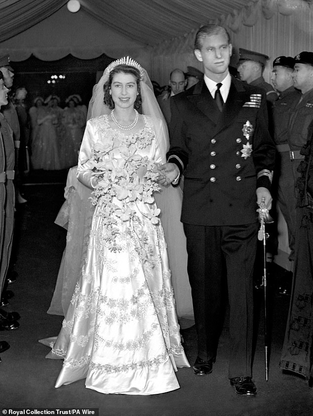 Princess Elizabeth and the Duke of Edinburgh (formerly Lt Philip Mountbatten, RN) as they leave Westminster Abbey after their marriage ceremony