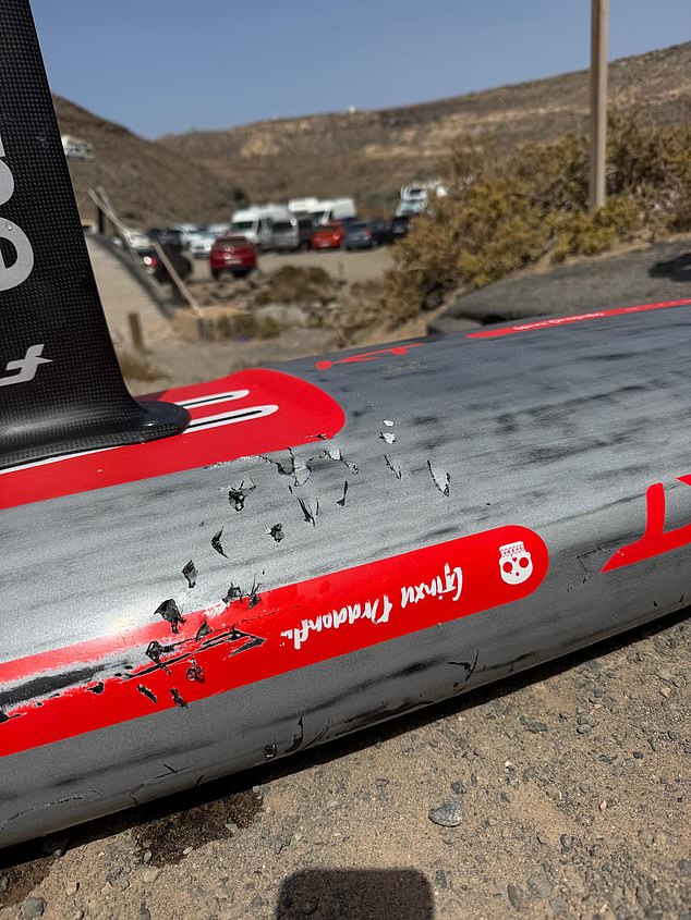 His damaged hydrofoil surfboard revealed the extent of the attack