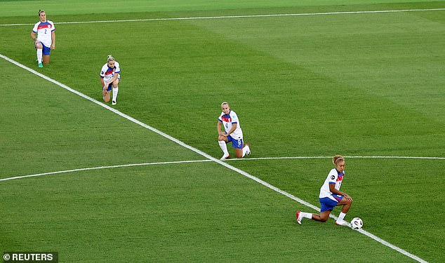 The England women's team has announced they will not take the knee before kick-off, after one of their stars Jess Carter was subjected to racist abuse (pictured before the Euros match against France earlier this month)