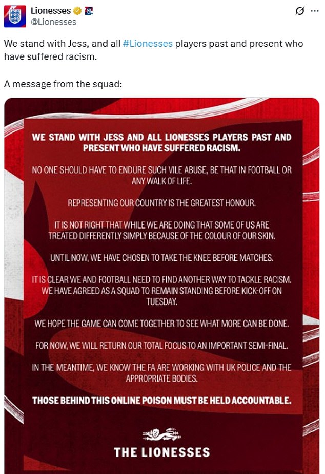 In a statement, the Lionesses said 'another way' needed to be found to tackle racism and football must look at 'what more can be done'