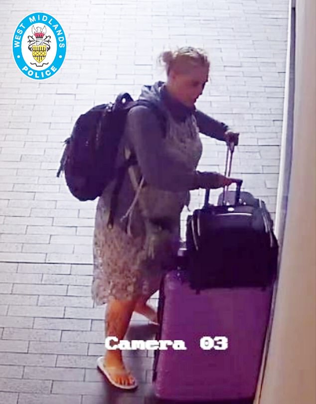 CCTV showing Betro arriving at the Rotunda hotel in Birmingham wearing a summer dress, hoodie, rucksack and flip flops
