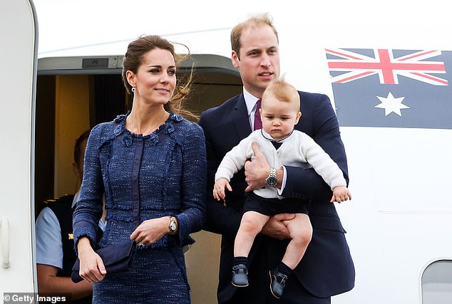 Kate, William and George look on before boarding a Royal Australian Air Force plane for their flight to Australia at Wellington Airport's military terminal April 16, 2014 in Wellington, New Zealand