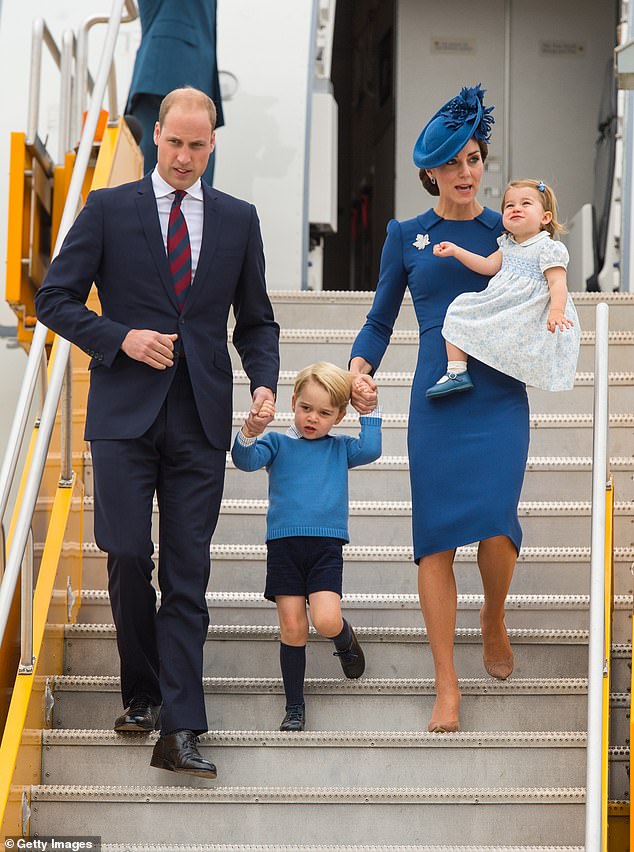 Prince WIlliam and Kate Middleton disembark a plane with George and Charlotte during a trip to Canada in 2016. From his birthday today, George will no longer be permitted to fly on the same plane as William