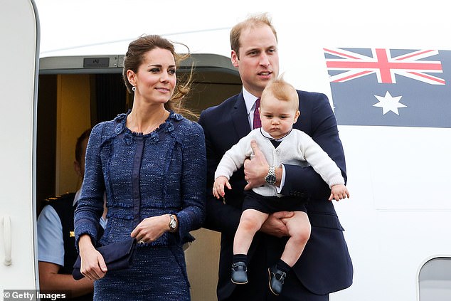 The Prince and Princess of Wales alongside a baby George disembark a plane in Australia in 2014. From George's 12th birthday he will need special permission to fly on the same plane as William