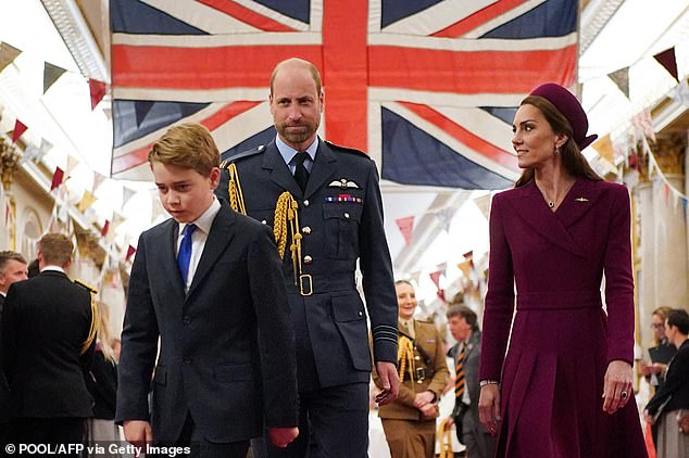Prince George with his parents at a tea party in Buckingham Palace to mark VE day. Prince William proudly told 101-year-old Alfred Littlefield, from Portchester, that George is 'interested' in learning about those who served