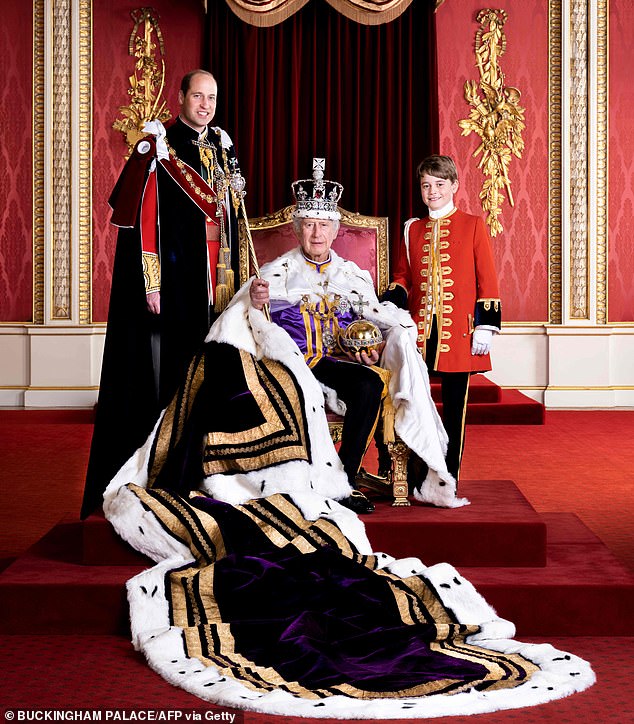 King Charles III with his son Prince William and his grandson Prince George during Charles' coronation