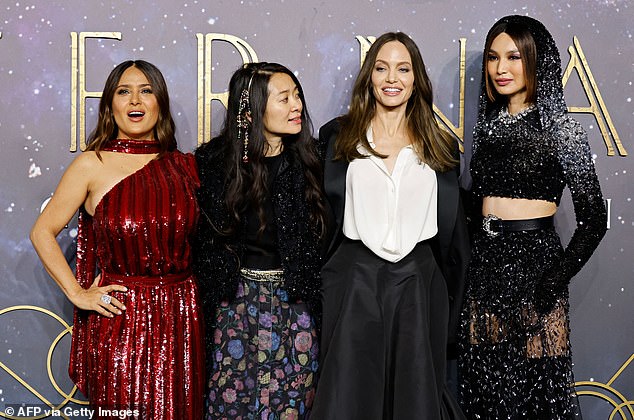 They first bonded while working on the superhero movie The Eternals, with Jolie playing Thena and Hayek cast as Ajak (pictured left and centre-right at the film's London premiere in 2021)
