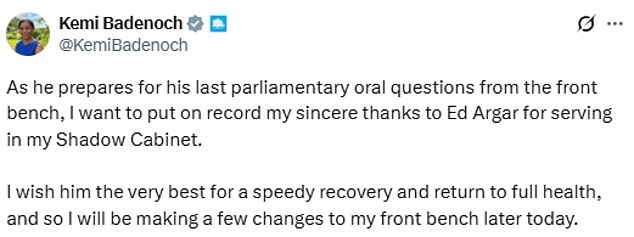 Shadow health secretary Ed Argar has revealed he is standing down after suffering a health scare, with Mrs Badenoch praising his contribution