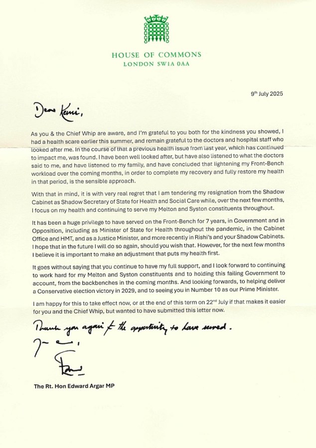 Mr Argar informed the leadership that he wanted to stand down earlier this month