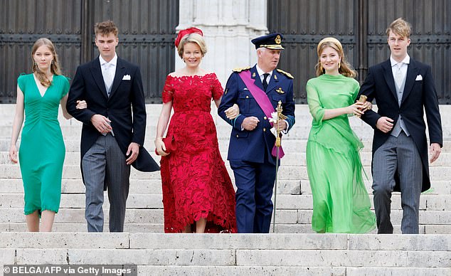 Princess Eleonore, Prince Gabriel, Queen Mathilde, King Philippe, Crown Princess Elisabeth and Prince Emmanuel of Belgium are seen attending the Te Deum mass on Belgian National Day yesterday