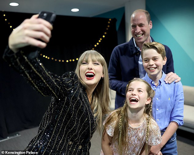 Taylor Swift poses with with the Prince of Wales and his children Prince George and Princess Charlotte ahead of one of her concerts at Wembley Stadium in London in June 2024. The singer encourages fans to swap homemade beaded bracelets with names or words on