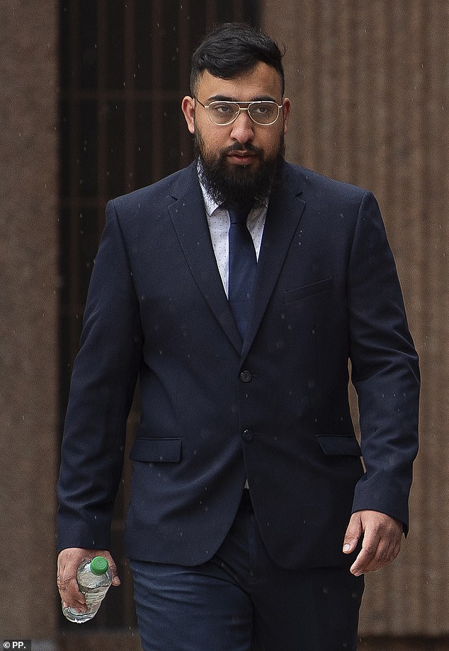 Muhammad Amaad, 26, arriving at Liverpool Crown Court where he told a jury he fought back against an armed policeman because he thought he was 'choking' his brother, Mohammed Fahir Amaaz (pictured last week)