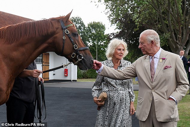 Charles, 76, and Camilla, 78, were pictured meeting racehorse Stradivarius, who has won 18 Group wins - more than any other European horse, on the centre lawn of the farm, which offers industry-leading stud services and boarding for mares, young stock, and spellers