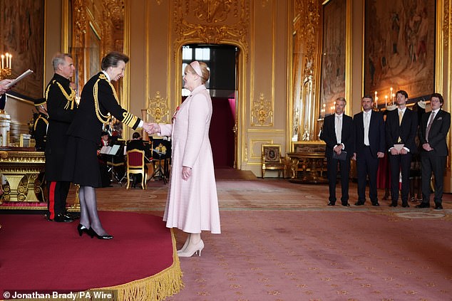 The actress wore an elegant powder pink outfit for her meeting with Princess Anne at the Berkshire residence