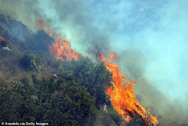 Firefighting efforts continue from the air for the forest fire which broke out at Mediterranean scrubs between Partinico and Alcamo, western of Sicily, Italy on July 20, 2025