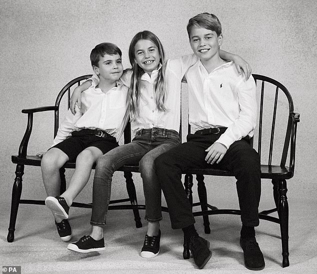 Royal trio: Prince George, Princess Charlotte and Prince Louis, left, pictured during the festive shoot