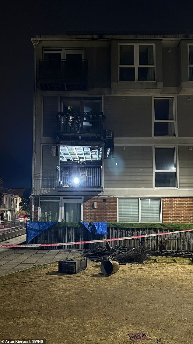 The aftermath showed three burnt out flats with the interior gutted by the blaze and blackened, smoke-damaged household items strewn over the courtyard