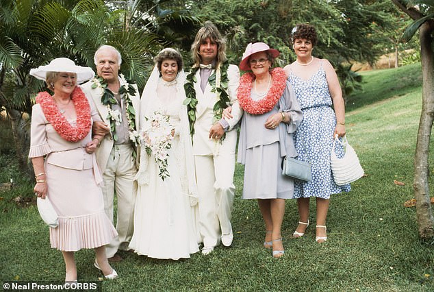 Osbourne is seen above on his wedding day in 1982 with Sharon, her parents Hope (far left) and Don Arden and his mother Lillian (second from right) and sister Jean
