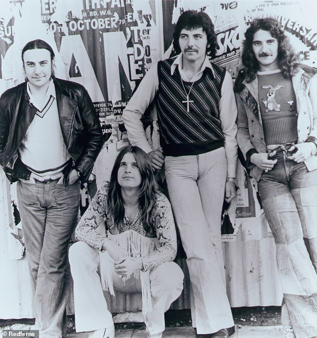 Osbourne (centre) is pictured with Black Sabbath bandmates Bill Ward (left), Tony Iommi (second from right) and Geezer Butler in 1975
