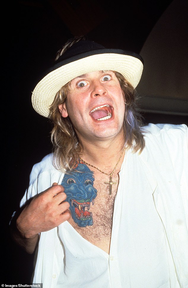 Osbourne is pictured showing off a tattoo in 1990. The singer had by then been out of Black Sabbath for more than a decade