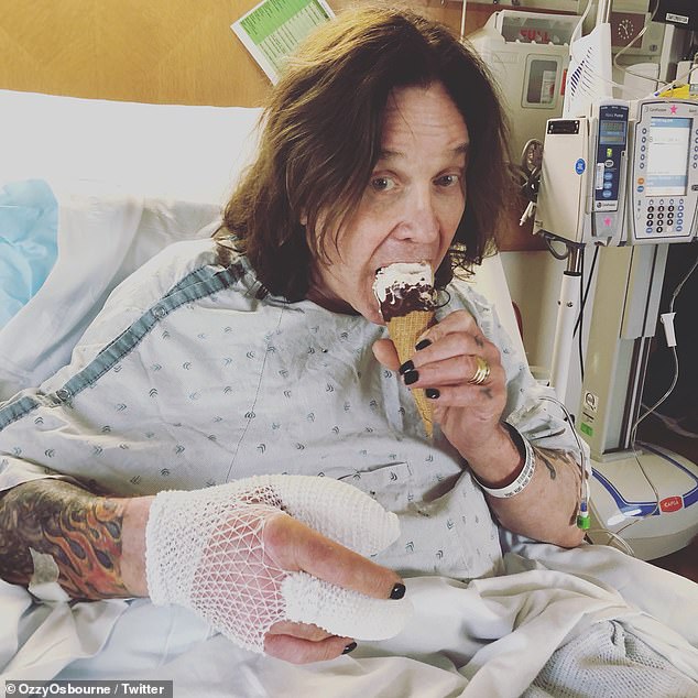 Osbourne is pictured eating an ice cream in hospital after his June 2022 operation, which his wife Sharon would 'determine the rest of his life'