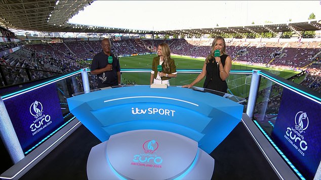 He was joined by Karen Carney (centre) and Laura Woods (right) - the latter saying there was a 'special man for a special occasion'