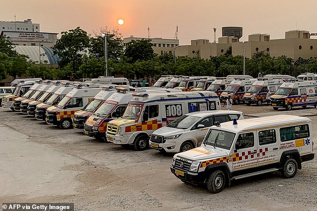 Pictured: Ambulances waiting to transfer the dead bodies of victims from the hospital complex in Ahmedabad on June 14, 2025