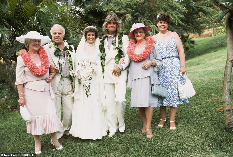 Osbourne is seen above on his wedding day in 1982 with Sharon, her parents Hope (far left) and Don Arden and his mother Lillian (second from right) and sister Jean