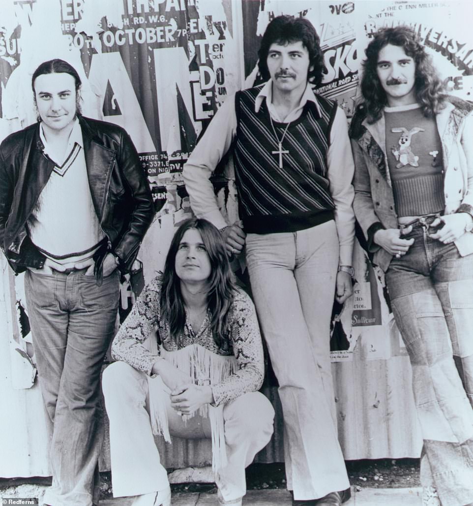 Osbourne (centre) is pictured with Black Sabbath bandmates Bill Ward (left), Tony Iommi (second from right) and Geezer Butler in 1975