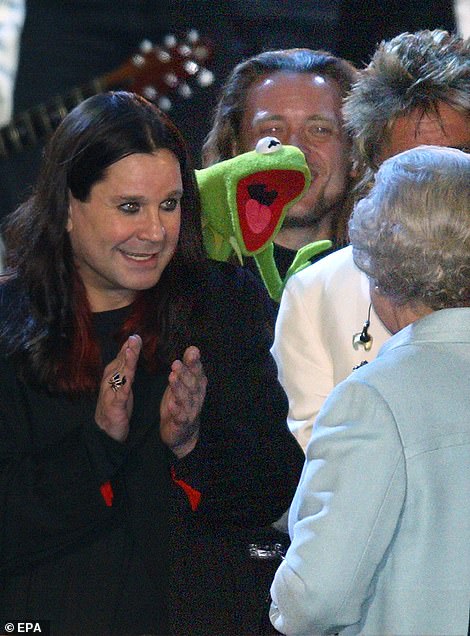 Osbourne was shocked by the invitation to appear. 'I hardly think of myself as royal material,' he said. 'My wife told me, and I thought "You're pulling my leg."' Above: The star meeting The Queen during the event