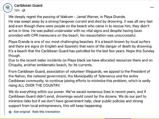 Following Warner's shock death at 54, lifeguards from Playa Grande released a statement saying they were not present due to lack of 'resources'
