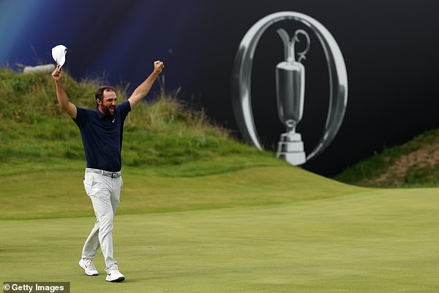 Scheffler celebrates his runaway victory at Royal Portrush in Northern Ireland last weekend