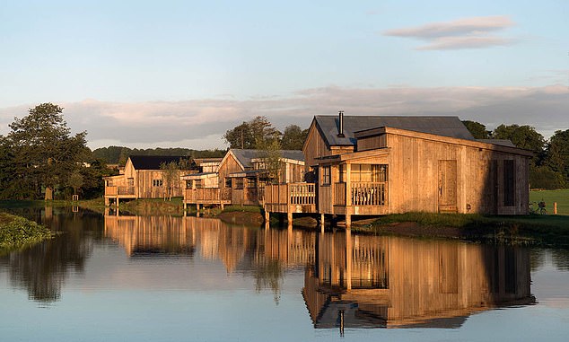 Much more than a country bolthole, stylish Soho Farmhouse is set within 100 acres and features manmade lakes and Scandi-style cabins (pictured)