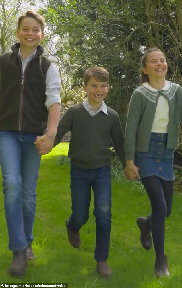 Prince George, Prince Louis and Princess Charlotte walk hand-in-hand in the sweet clip